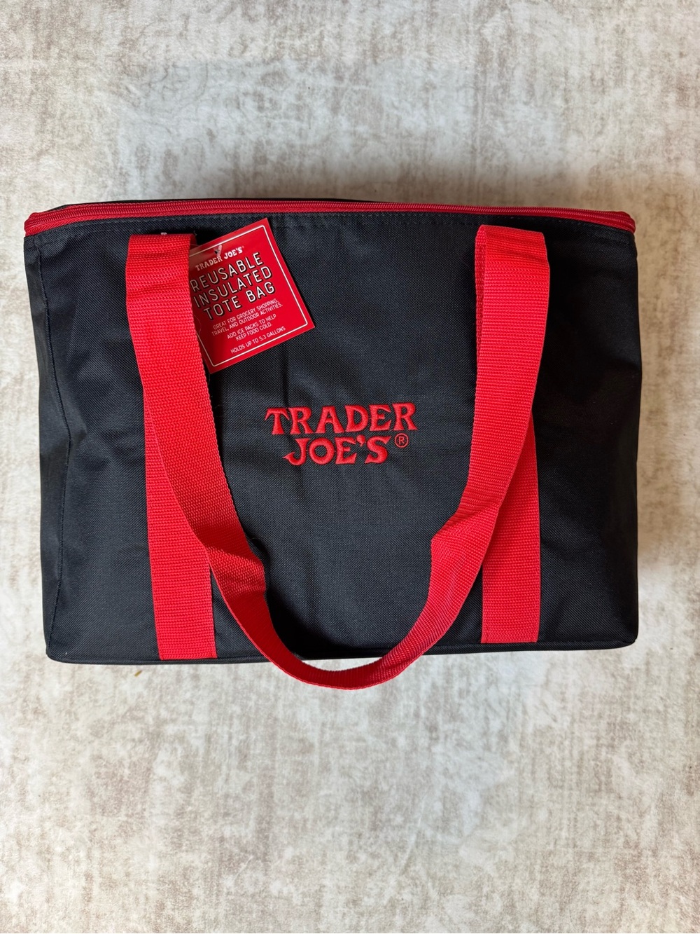 Trader Joe's Red Black Insulated Tote Cooler Bag 5.3 Gallon NWT Zip Top